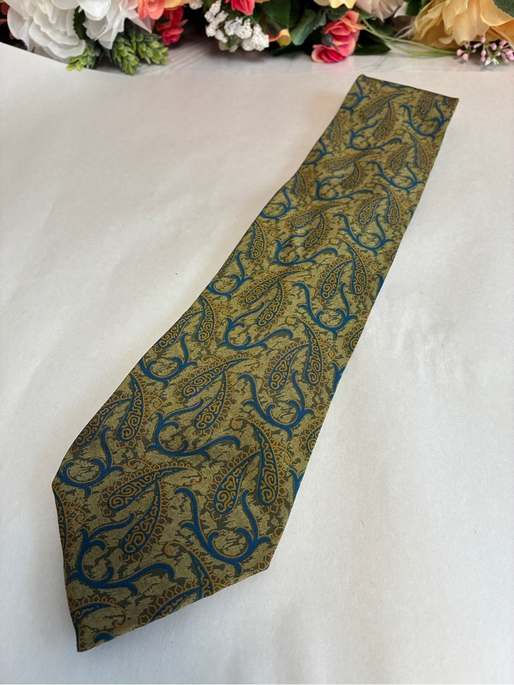 Giorgio Armani Cravatte Paisley Necktie Olive Blue Gold Made in Italy Mens 59in